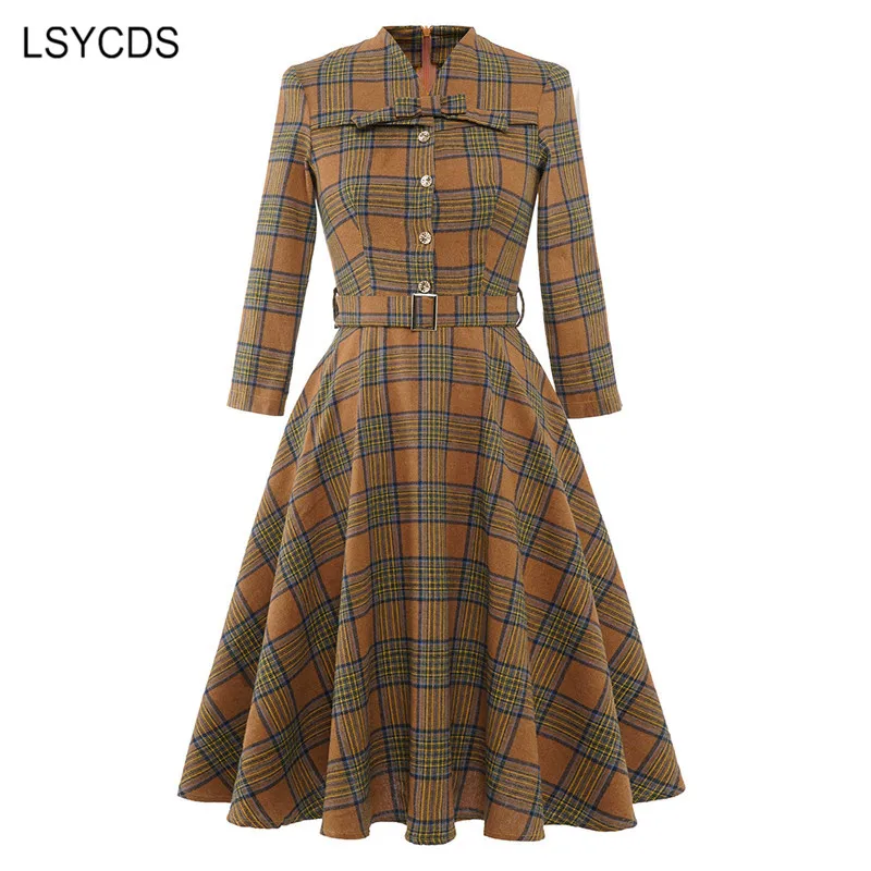 

LSYCDS Autumn Dress 2022 Vestidos Elegantes Women 3/4 Sleeve Bow Neck Robe Femme Casual Party A Line Plaid Dresses Vintage