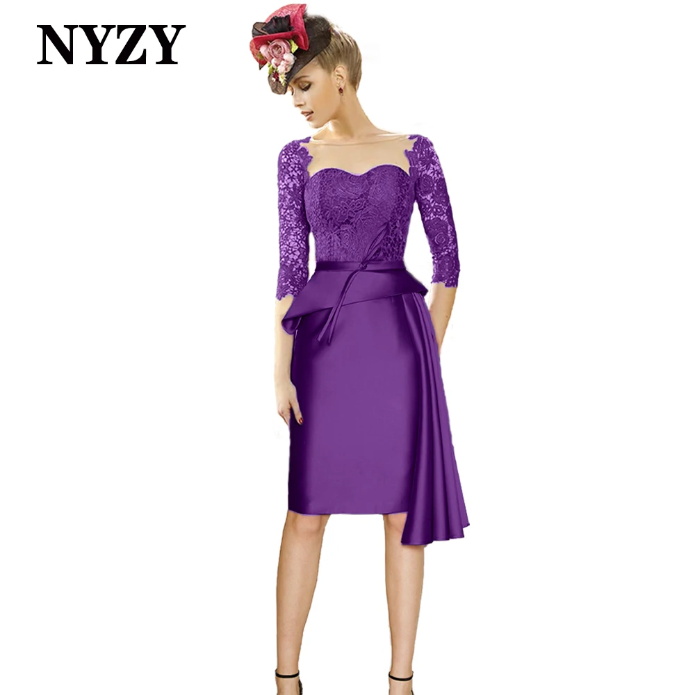 Nyzy M360 Vintage 3/4 Mouwen Korte Moeder Van De Bruid Lace Jurken 2021 Bourgondië Party Dress Cocktail Prom Vestidos De fiesta