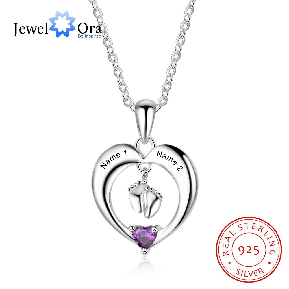 925 Sterling Silver Personalized Engrave Name Heart Necklace Customized Birthstone Baby Feet Necklace Pendant Silver 925 Jewelry