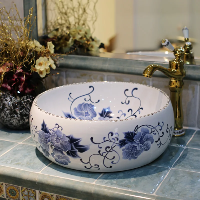 Blue and white Bathroom Cloakroom Europe Vintage Style Art wash basin Ceramic Counter Top Wash Basin Bathroom Sinks