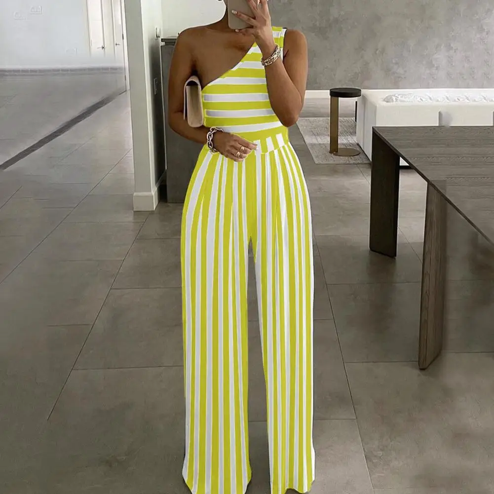 2022 Women Waist Tied Jumpsuit Stripes Print Single Shoulder Slash Neck Wide Leg Loose Jumpsuit Rompers Bodysuit боди женское