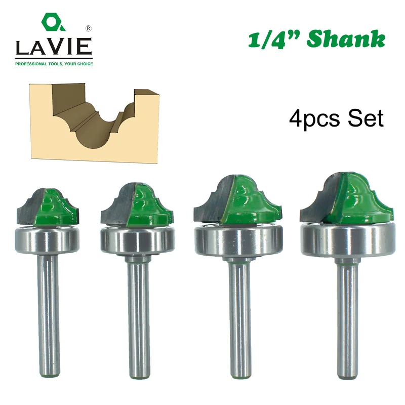 LAVIE 4pcs Set 6.35mm Shank Double Roman Ogee Edging Router Bit Bearing Milling Cutter For Wood Line Knife Wood Hobbing MC01181