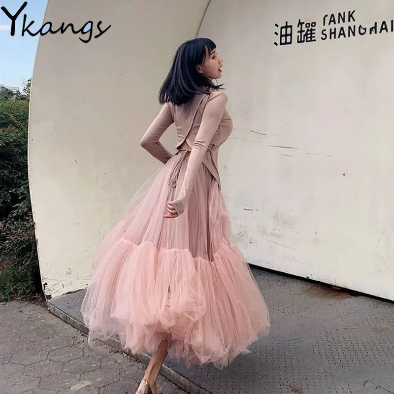 Vintage Pink Pleated Long Tulle Skirt Tutu Femme High Waisted Runway Soft Mesh Skirts Korean Women 2021 Spring New Jupe harajuku