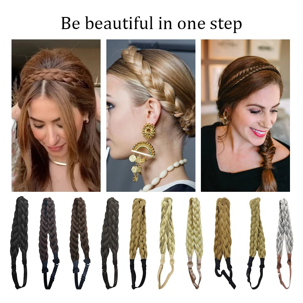 MyDiva Braids Twist Elastic Hair Headband With Adjustable Belt Synthetic Woman Black Gold Hair Style Braided Headband Hairpiece