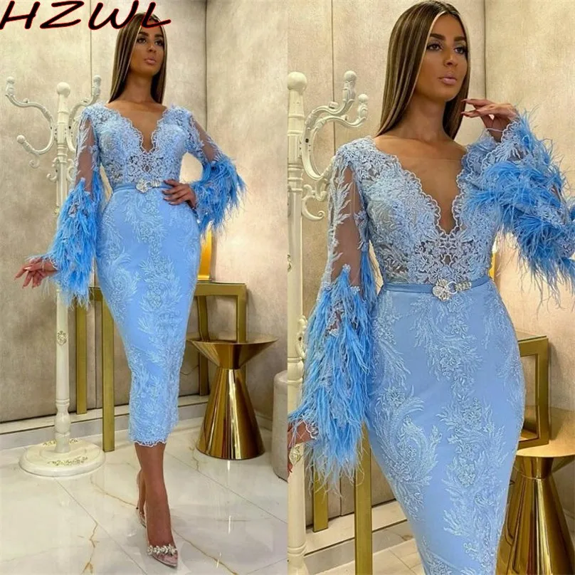 Light Blue Feathers ชุดราตรีแขนยาวชาความยาวลูกไม้ Mermaid Prom กับ Sash ลูกปัดอาหรับดูไบ Robe De soirée