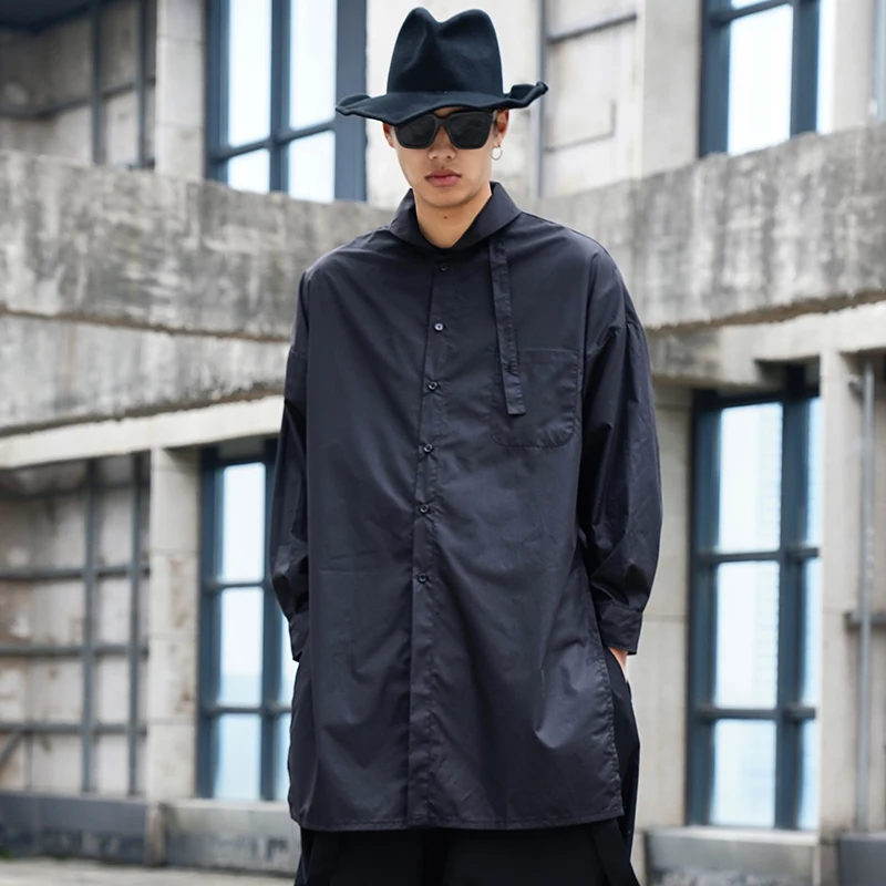 Men's New Dark Personality Simple Collar Leisure Long Youth Fashion Loose Large Size Long Sleeve Shirt