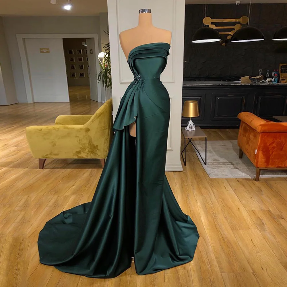 Emerald Green Formal Evening Dress Party Gowns Strapless Sleeveless Stones Sweep Train Satin Prom Dresses Robe Soiree