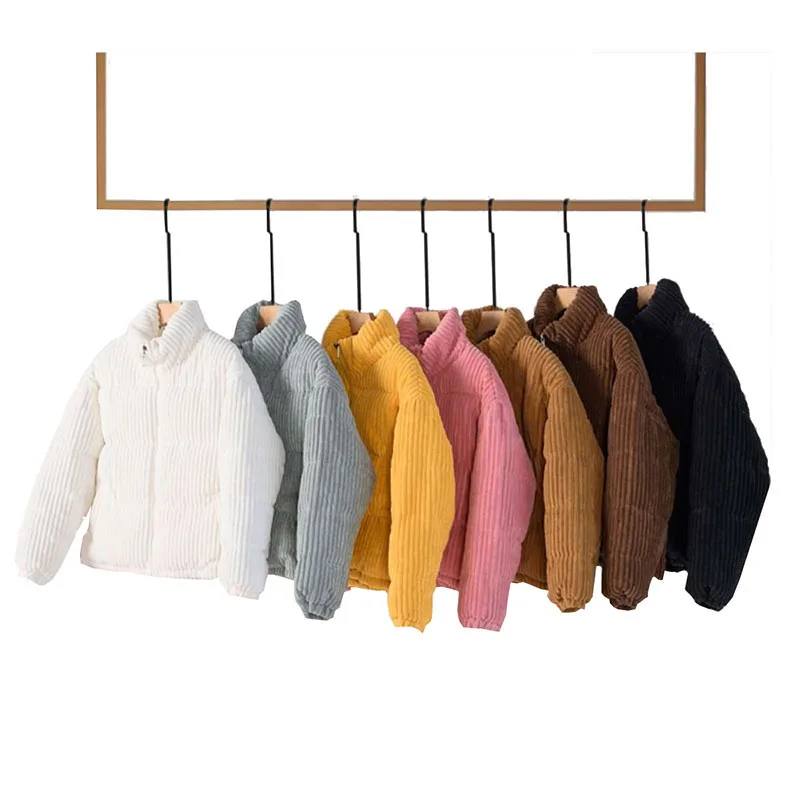 

New Corduroy Jacket Women Winter Warm Cotton Padded Coat Zipper Solid Color Stand Collar Short Parkas Chic Loose Bread Outerwear