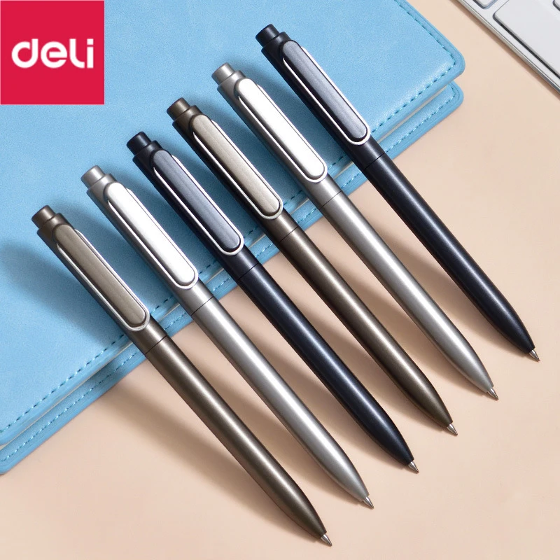 Deli Metal Gel Pens Bullet Pen 0.5MM Black Ink Sign Pen 3 Colors Press Gel Ink Pen High Density Stationery Pen For School Office