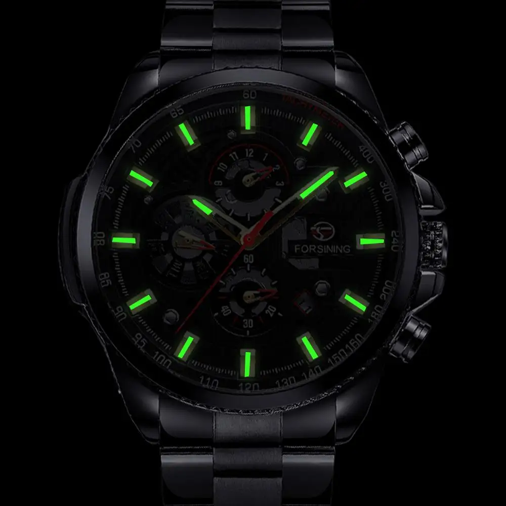 Forsining Three Dial Calendar Stainless Steel Men Mechanical Automatic Wrist Watches Top Brand Luxury Military Sport Male Clock