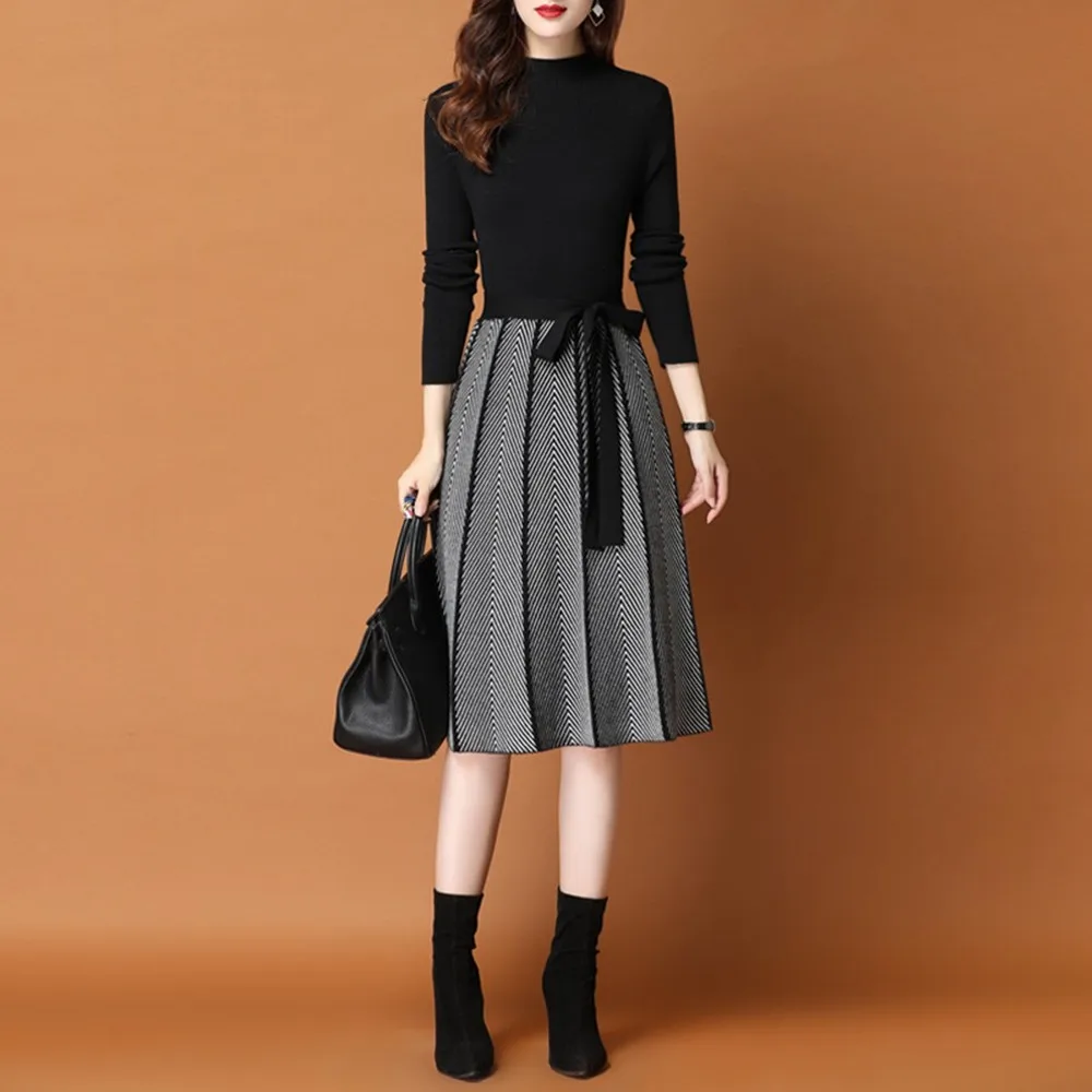 SMTHMA Vintage Elegant Knitted Sweater Pleated Dresses New Winter Women Long Sleeve Office Lady Casual Midi Vestido Da Festa