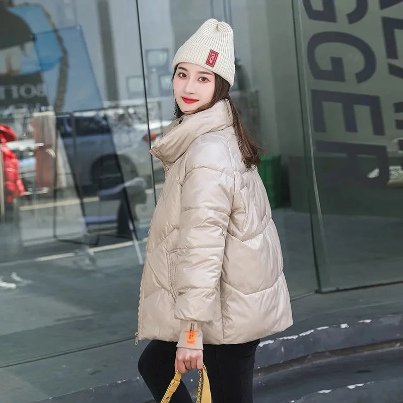 2021Women New Fashion Down Padded Jacket Female Winter Pure Color Zipper Korean Short Shiny Thickened Loose Padded Jacket A195Ch