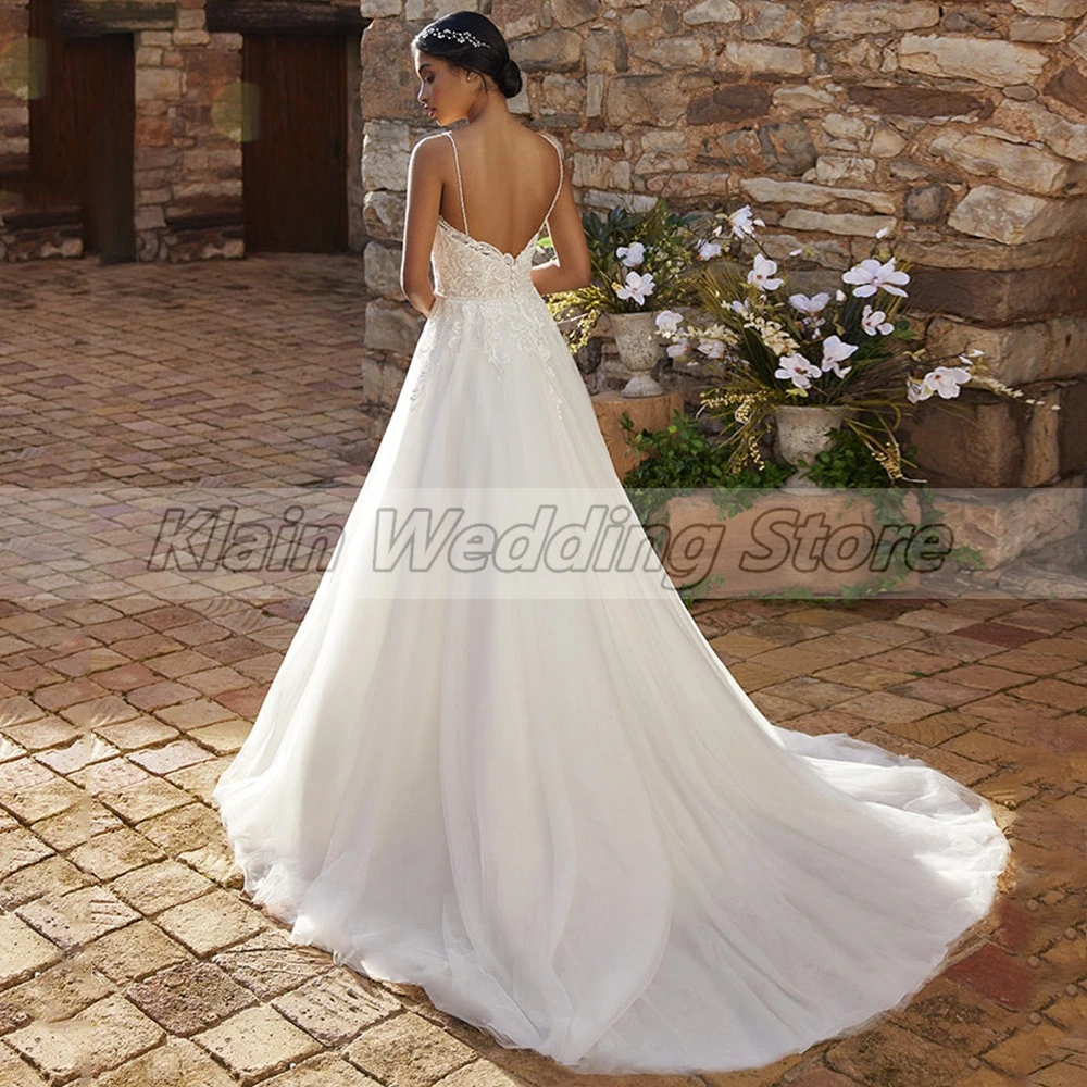 Vestidos de novia civiles de tul clásicos personalizados, tirantes finos sexys, tren de corte, Apliques de encaje, vestidos de novia sin espalda Hig