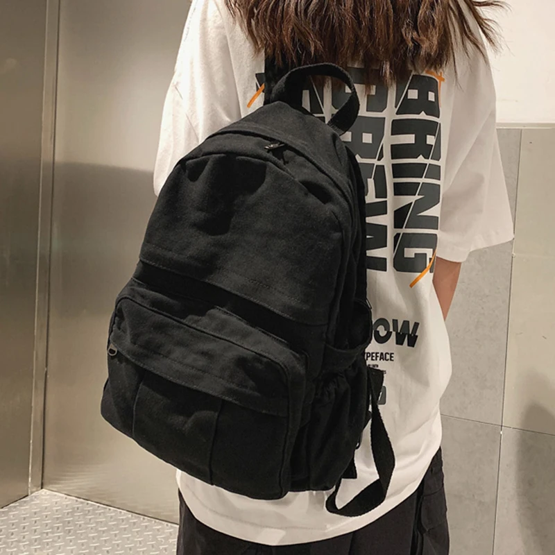 

Solid Color Backpack Women Canvas School Bags For Teenage Girls Leisure Travel Rucksack Female Student School Backpack