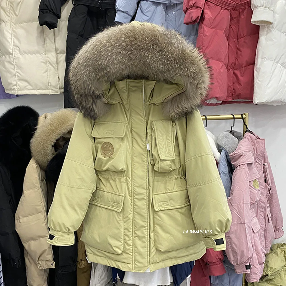 Winter New Large Natural Raccoon Fur Hooded Jacket Women 90% White Duck Down Thick Coat High Waist Loose Windbreak Warm Outwear