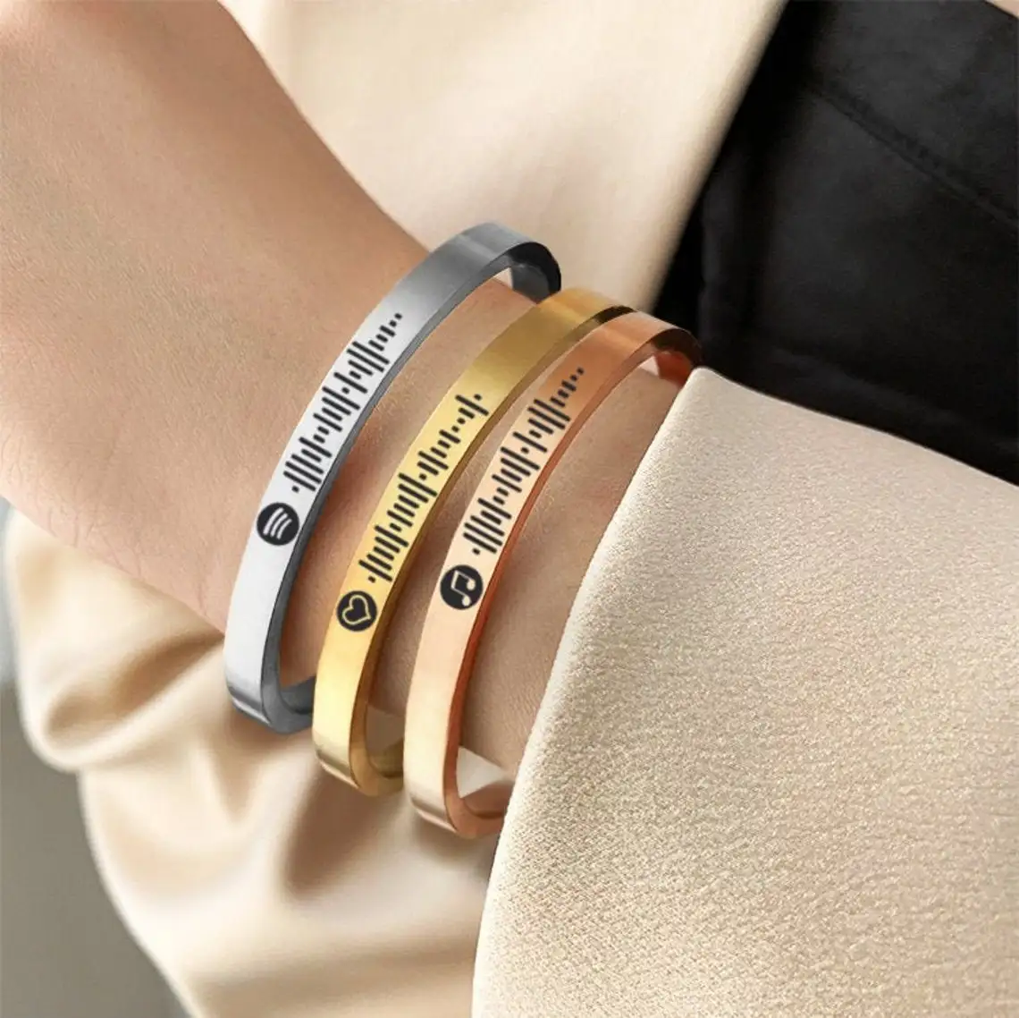 Personalized Music Spotify Scan Code Cuff Bangle For Women Stainless Steel Bracelet Custom Laser Engraving Spotify Code Jewelry