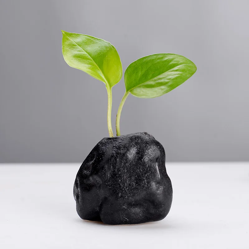 Creative Black Small Stone Flower Simple Mini Zen Home Decoration Flower Arrangement Stone Small Vase Decoration Custom