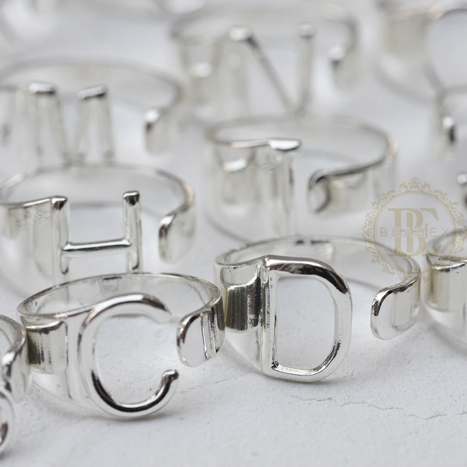 One Piece Silver Plated Solid Brass Alphabet Finger Ring Base - Letter Finger Ring - Adjustable - Open End (4532C)