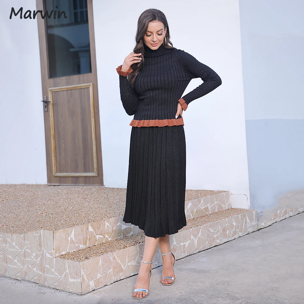 Marwin New-Coming Spring Autumn Solid Turn-down Collar Sweater Top Mid-Calf Skirts Outfit England Style Two Pieces Women‘s Sets