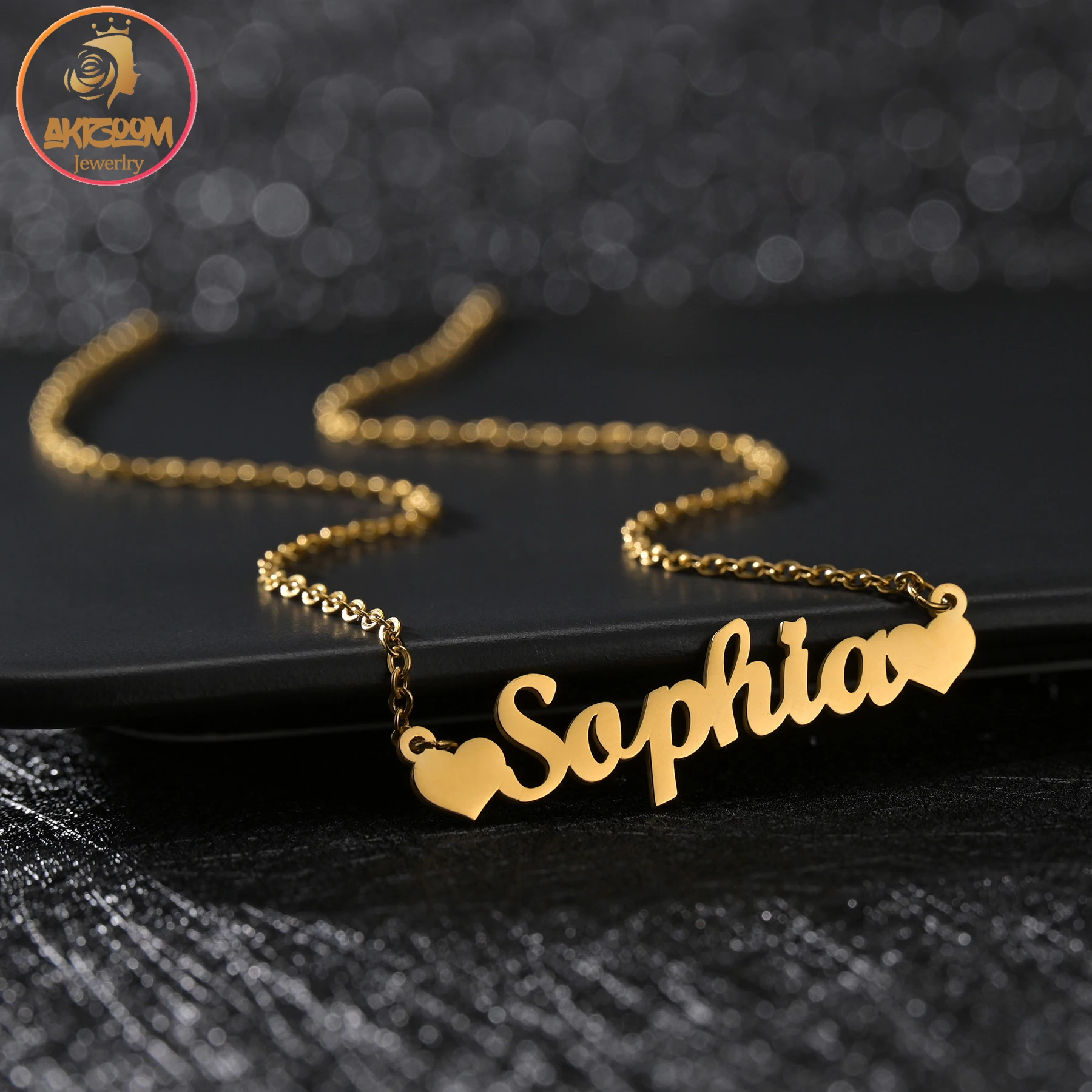 

Akizoom Custom Name Double Hearts Necklace Gold Color Nameplate Pendant for Women Stainless Steel Chain Jewelry Customized Gift