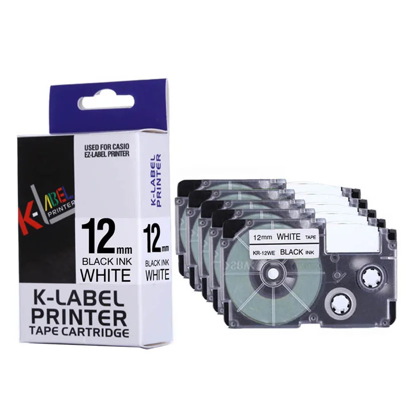 9/12/18มม.เทปฉลากสีขาว CompatibleCasio ป้ายริบบิ้น Xr9we Xr 12we XR-18WE สำหรับ KL-60เครื่องพิมพ์ดีด KL-60SR Kl120 5แพ็ค