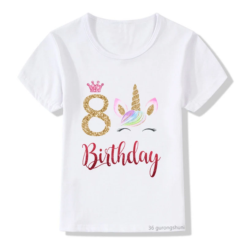 Unicorn Crown Print Children's T-shirt 5 6 7 8 9th Birthday Gift Girls T Shirt Summer Tops Kid Clothes Graphic T Shirts