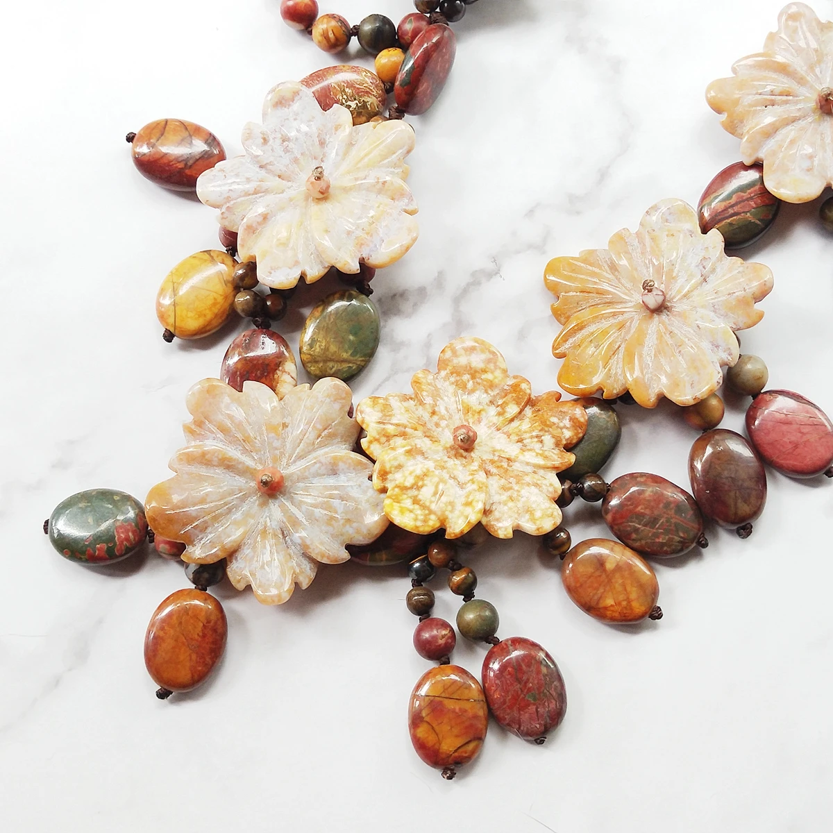 Lii Ji Real Stone Beige Color Statement Necklace Japser Flowers Tigers eye Necklace 53cm Women Party Jewelry