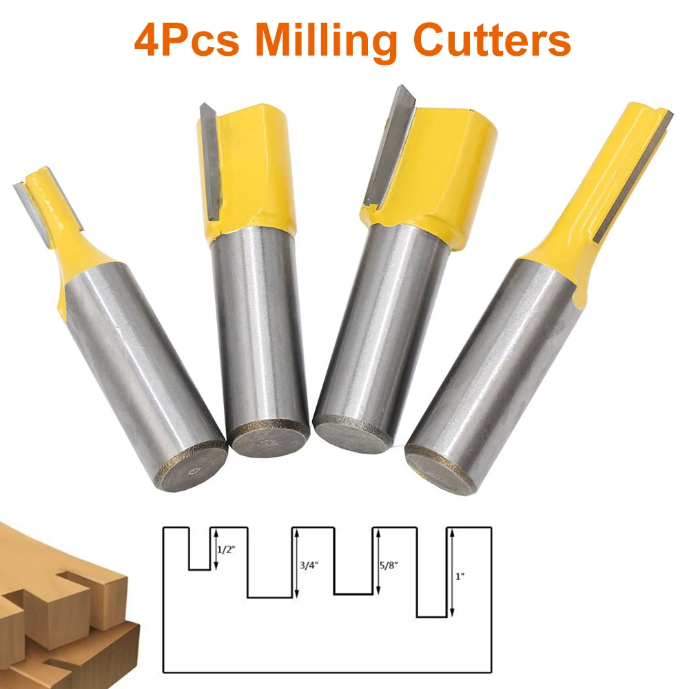 4pcs 12.7mm Shank T-slot Milling Cutters Flush Trim Router Bit Straight Knife Woodworking Clean Engraving Milling Cutter