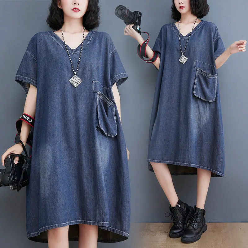 

Summer Denim Dress Pockets Loose Lady Clothing 2024 New Mid- Length V-Neck Casual Fashion Oversized Baggy Robes zh1590