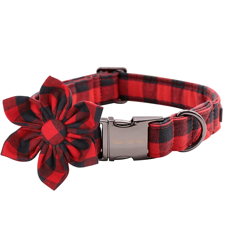 Unique Style Paws Christmas Dog Collar with Bow Tie Flower Red and Black Plaid Cotton Pet Collar for Large Medium Small Dogs