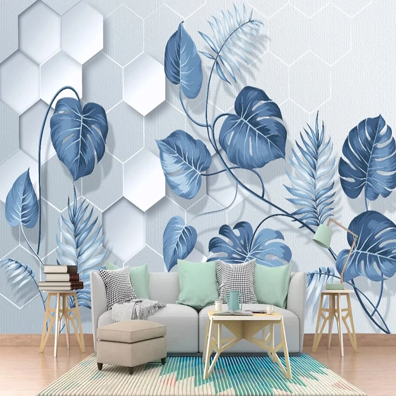 

Custom European 3D Relief Wallpaper Hand-painted Blue Plant Leaves Photo Wall Paper For Living Room Wall Decoration Papel Mural