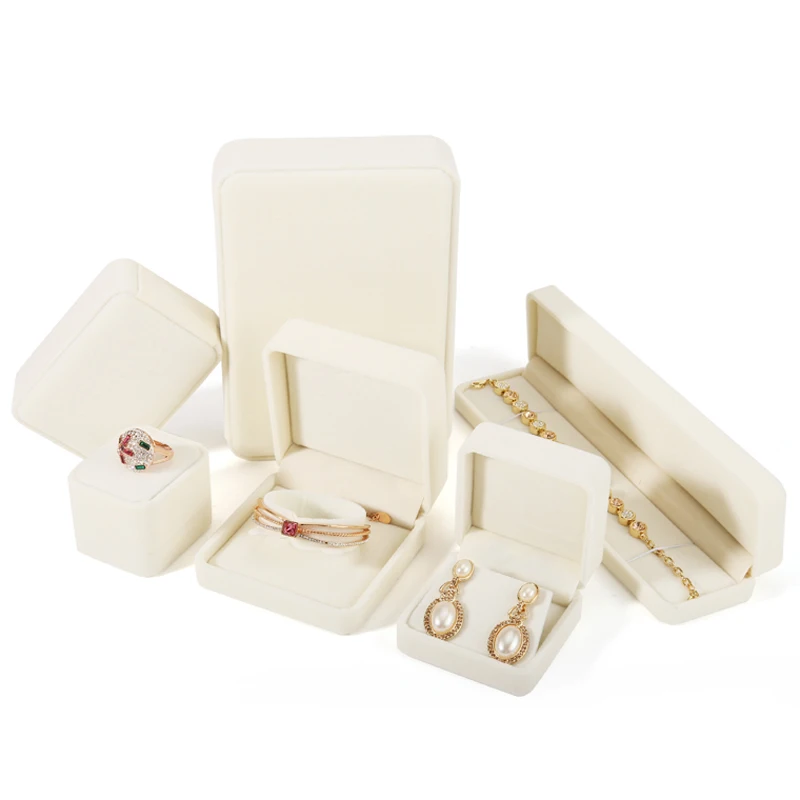 Quality creamy-white Velvet Earring Necklace Collection Bracelet Display Holder Jewelry Storage Case Proposal Ring Bangle Box