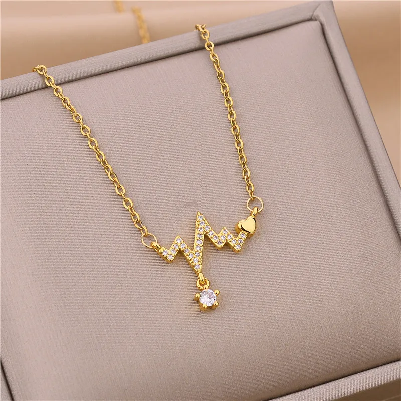 Korean Fashion Sweet Crystal Love ECG Pendant Necklace For Women 316L Stainless Steel Female Wedding Jewelry Clavicle Chain