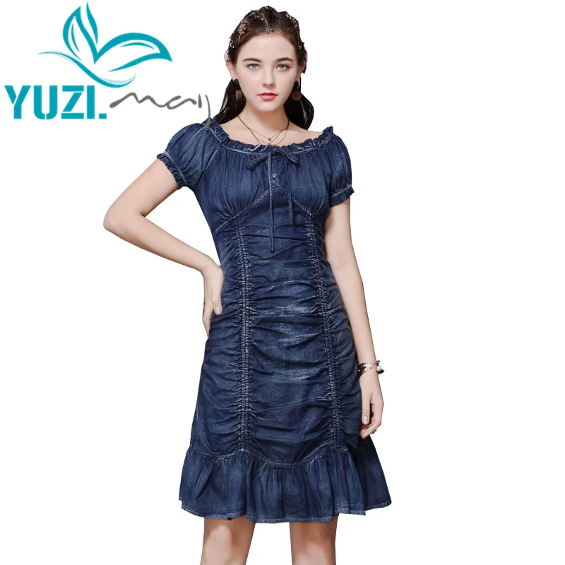 Vestito Delle Donne 2020 Yuzi. Può Boho New Denim Vestiti Donna O-Collo Manica Corta Ruffles Hem Abiti A82205 Vestido Feminino