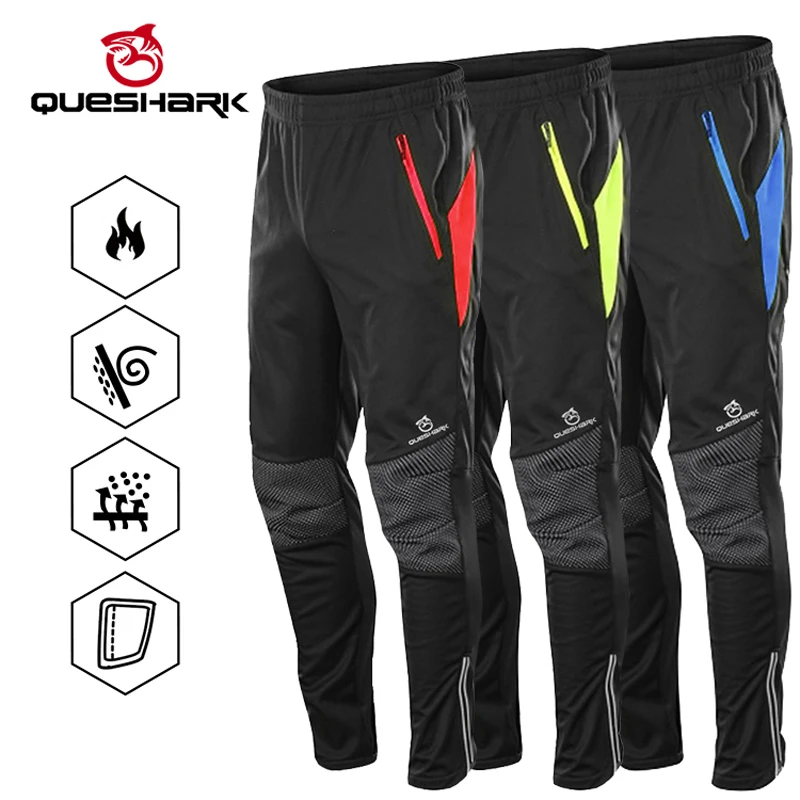 QUESHARK Men Warm Fleece Windproof Waterproof Reflective Cycling Pants Thermal Riding Sports MTB Road Bike Bicycle Trousers