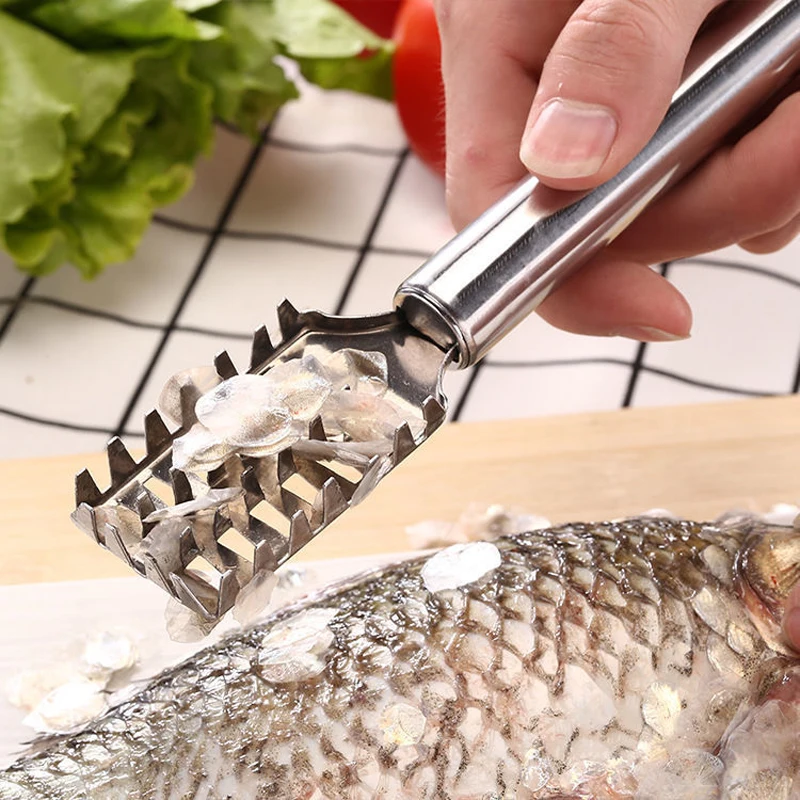 Escalas de peixe de aço inoxidável, ralador de raspagem, remoção rápida de peixes, faca de limpeza de peixe, osso de peixe, ferramenta removedora de pele