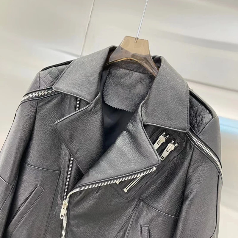 New Fashion Spring And Autumn 2023 Women Coat Short Length Genuine Leather Jacket High Quality Litchi Grain Sheepskin Overcoat