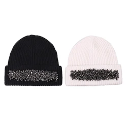 Thermal Shiny Rhinestone Beanie Hat Trendy Knitted Hat Wool Hat Warm Windproof for Outdoor Activities in Cold Weather