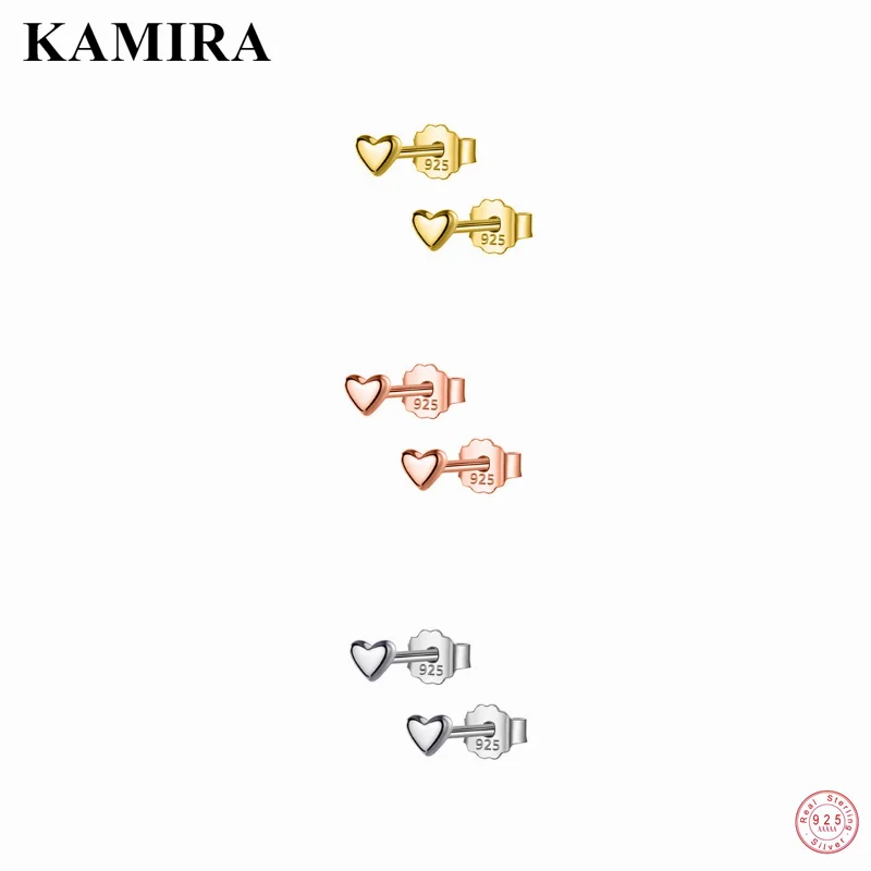 KAMIRA Real 925 Sterling Silver Korean Mini Small Love Heart Piercing Stud Earrings for Women Party Lovely Fashion Jewelry New