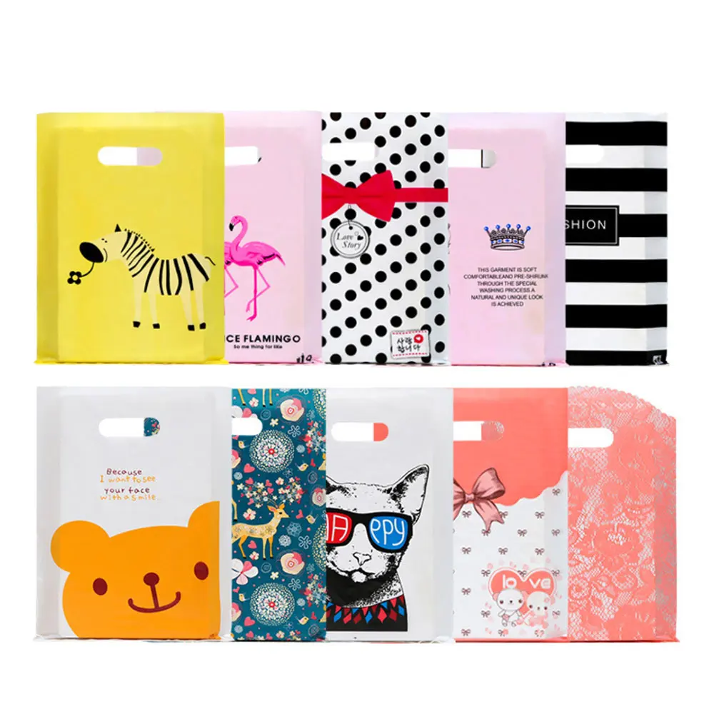 50pcs Small Plastic Pouches Large Gift Bags With Handles Cute Pattern Plastic Bag Boutique Carrier Shopping Bags For Packaging