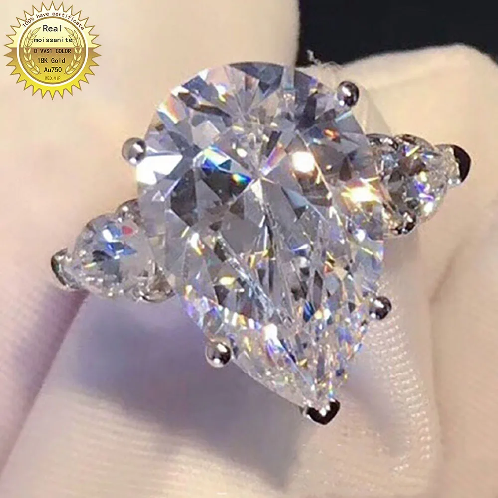 

18K Au750 White Gold Wedding Party Engagement Ring 10 Carat Water Drop Pear DVVS Moissanite Diamond Ring Elegant Trendy