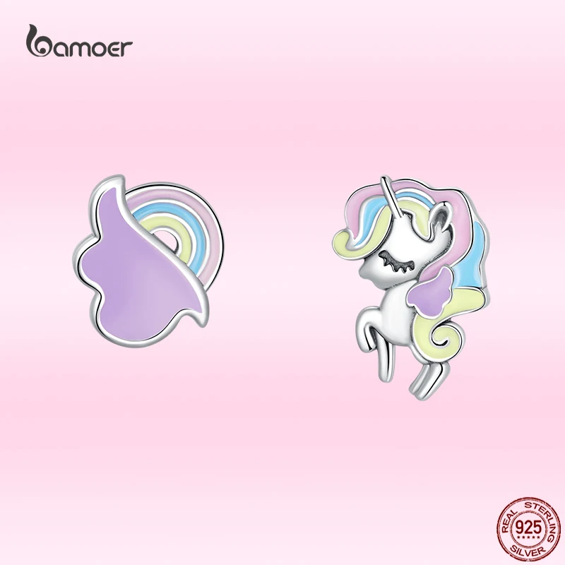 Bamoer New Dreamy Unicorn Ear Studs for Young Girl Genuine 925 Sterling Silver Morandi Color Animal Earrings Fine Party Jewelry