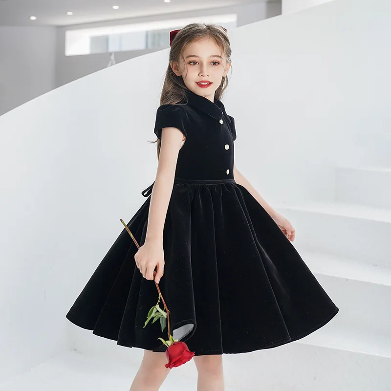 Summer Girls Velvet Green Long Skirt Kids Catwalk Birthday Party Dress Christmas Easter Piano Prom Show Host Evening Dress