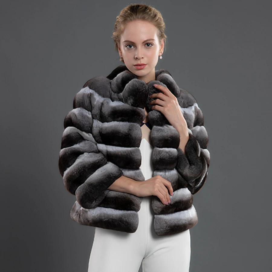 CNEGOVIK Real Rex Rabbit Fur Jacket Warm Fashion Winter Classic Chinchilla Color Cropped Stand Collar Fur Coat