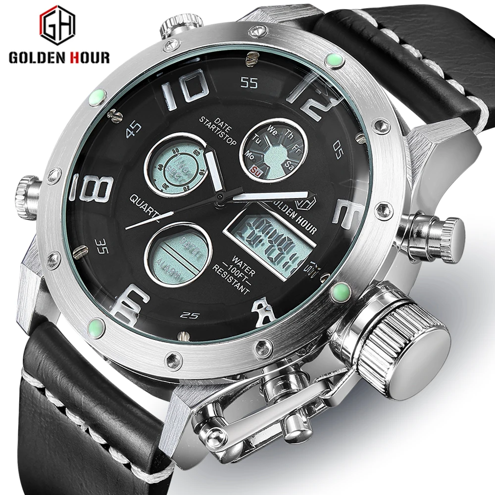 

Luxury Brand Waterproof Leather Quartz Analog Watch Men Digital LED Army Military Sport Wristwatch Clock Relogio Masculino