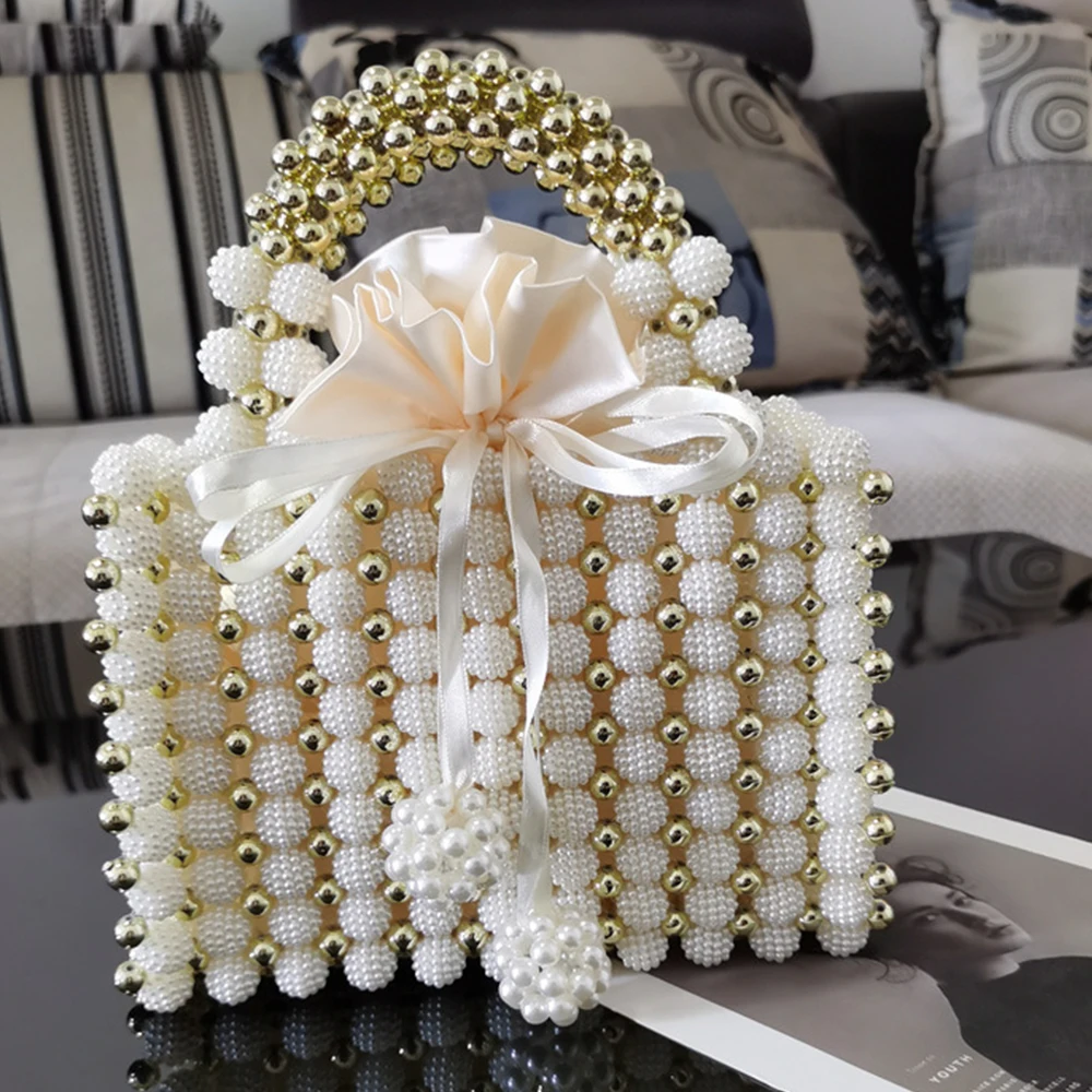 Luxury Pearls Bag Handmade Beading Women Handbag Elegant Woven Party Wedding Evening Bag Small Box Basket Bags for Women 2021