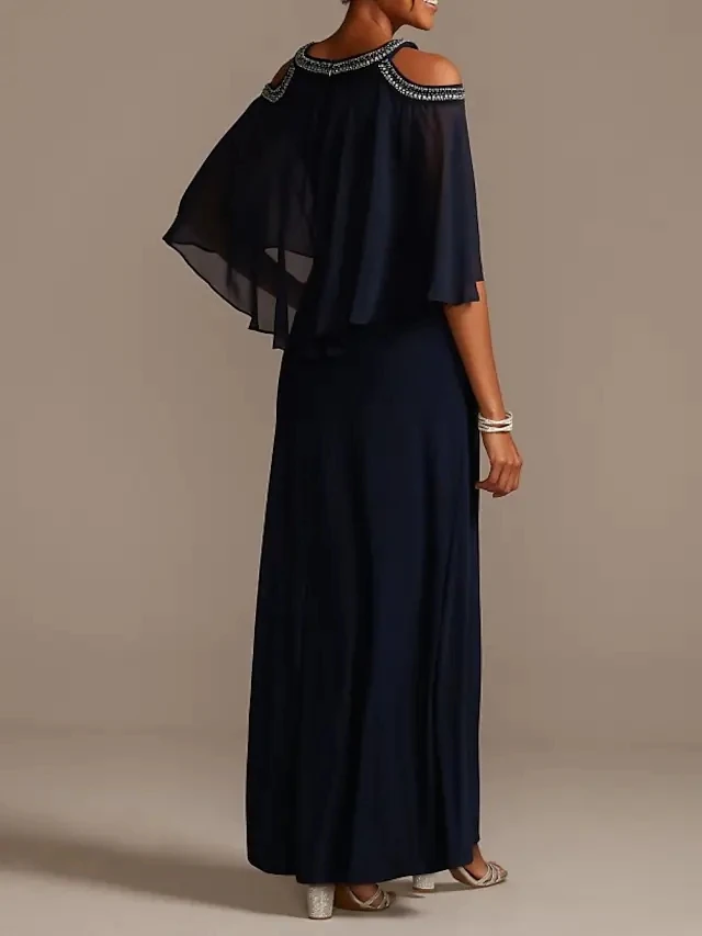 Elegant Dark Navy Chiffon Avondjurken Uit De Schouder Kralen Half Mouwen Prom Party Gown Robe De Soiree Vestidos Longo