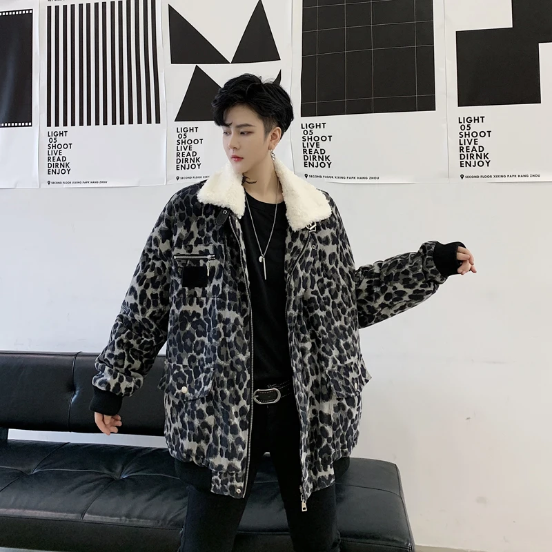 

Streetwear Vintage Hip Hop Parka Coat Overcoat Winter Loose Leopard Thick Jacket Outerwear Men Chaqueta Hombre Casual