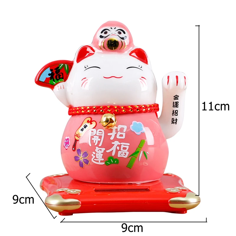 4.2 Inch Solar Powered Ceramic Lucky Cat Daruma Figurine Shaking Arm Beckoning Fortune Cat Home Car Decor Wealth Maneki Neko