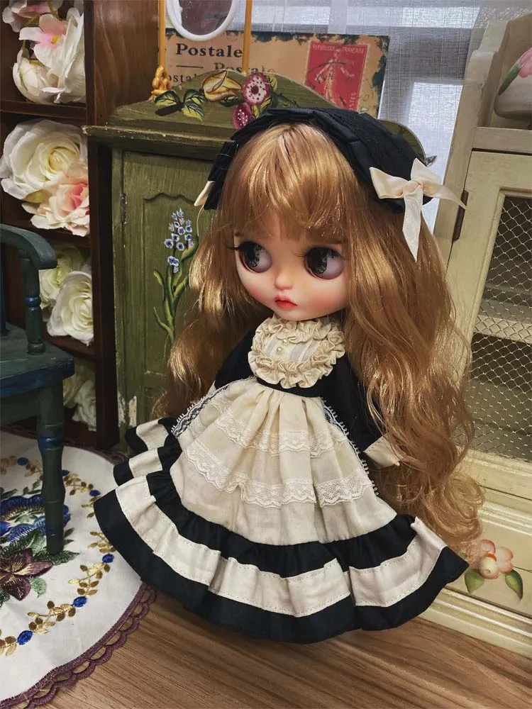 Blyth Doll clothes dress + hair band Blyth small dress Lace doll accessories doll clothes OB24 black classic Court Retro Style